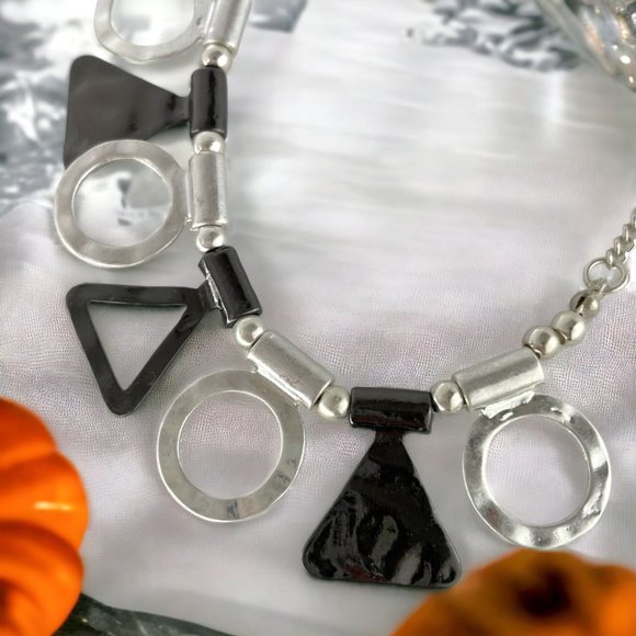 Necklace and Ear Set, 17" - 20", Silver Tone, Black Hematite Tone, Geometrics - Picture 6 of 9